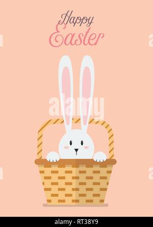 Frohe Ostern mit Bunny im Weidenkorb. Ostern Grußkarte Vector Illustration Stock Vektor