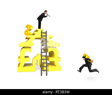 Unternehmer, die usd laufen für Geld stapeln Gebäude mit einem anderen Schreien auf weißem Hintergrund Stockfoto