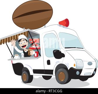 Ein Vektor Cartoon, eine lustige und dekoriert Espresso van, mit einer Kaffeebohne Logo und eine freundliche Barkeeper zujubeln und lächelnd Stock Vektor