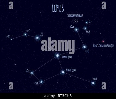 Lepus (Hase) Sternbild, Vector Illustration mit den Namen der Stars gegen den Sternenhimmel Stock Vektor