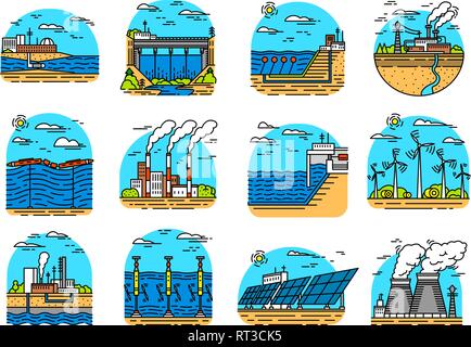 Kraftwerke Symbole. Satz von Industriebauten. Nukleare, Chemische Fabriken, Erdwärme, Solar Wind Flutwelle Wasserkraft, fossiler Brennstoff, den Osmotischen Stock Vektor