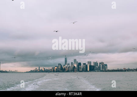 USA, New York, Panorama der Skyline von Manhattan, Vögel fliegen Stockfoto