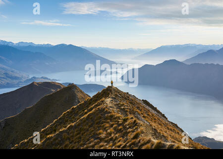 Mann in der gelben Jacke auf einem Höchststand und macht sich Gedanken über das Tal. (Roys peak Wanaka) Stockfoto