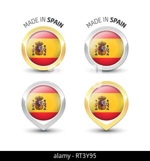 In Spanien - Garantie Label mit der spanischen Flagge runde Gold und Silber Symbole gemacht. Stock Vektor