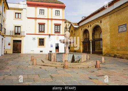 Plaza del Potro und die Statue und Brunnen ein Hengst wie Miguel de Cervantes Haus in der Plaza del Potro in Cordoba Stockfoto