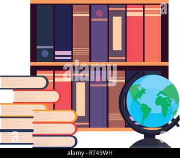 Abgelegte Bücher Bücherregal und Globus Vector Illustration Stock Vektor