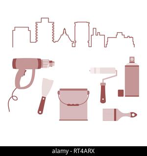 Vector Illustration mit Stadtbild und die Werkzeuge für die Vorbereitung, die Färbung der Oberflächen. Gebäude, den Bau und die Reparatur Tools. Malerei und rep Stock Vektor