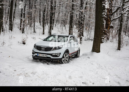 Kia Sportage 2.0 CRDI Awd oder 4x4, Farbe weiß, in einem Wald Straße, bedeckt mit Schnee und Eis. Extreme Bedingungen und Temperaturen unter -10 Stockfoto