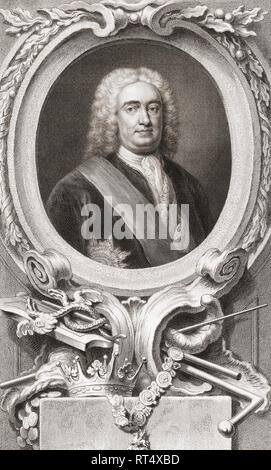 Robert Walpole, 1. Earl of Orford, 1676-1745. Englischer Staatsmann und erster Premierminister Großbritanniens. Aus der Ausgabe 1813 Der Leiter der illustren Personen von Großbritannien, gestochen von Herrn Houbraken und Herr Vertue mit Ihrem Leben und Zeichen. Stockfoto