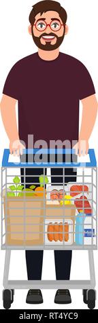 Ein bärtiger Mann steht mit einem Einkaufswagen, die Katze mit grau-Produkten gefüllt ist, macht Einkäufe in einem Supermarkt, ein Charakter in einem Cartoon Stock Vektor
