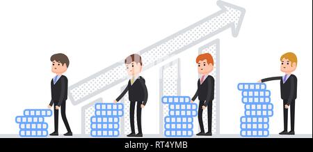 Gewinnwachstum, stehen Menschen mit zunehmender Gewinn pro Person, Menschen mit unterschiedlichen Einkommen, Charts mit Pfeilen, Zeichen, die in einem flachen Stil Stock Vektor