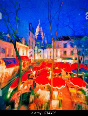 Digitale Kunst: Place du Tertre bei Nacht, Paris, Frankreich Stockfoto