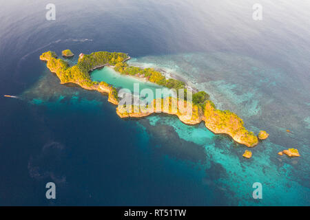 Morgen Licht leuchtet auf einem schönen Kalkstein Insel in Raja Ampat, Indonesien. Stockfoto