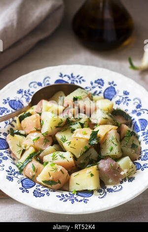 Traditionelle kalte Kartoffelsalat mit Zwiebeln und Kräutern auf einem Leinen Tischdecke Hintergrund. Rustikaler Stil, selektiven Fokus. Stockfoto