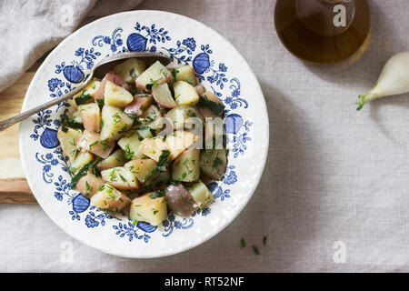 Traditionelle kalte Kartoffelsalat mit Zwiebeln und Kräutern auf einem Leinen Tischdecke Hintergrund. Rustikaler Stil, selektiven Fokus. Stockfoto