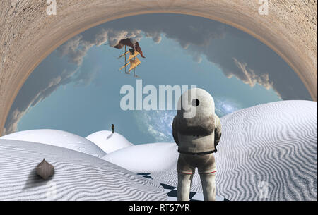 Astronaut steht in surreale Weiße Wüste. Stockfoto