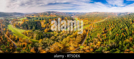 Deutschland, Baden-Württemberg, Schwäbisch Fränkischer Wald, Luftaufnahme von Wald im Herbst Stockfoto