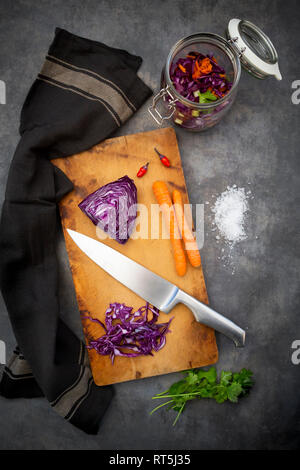 Vorbereitung von hausgemachtem Rotkohl, fermentiert, mit Chili, Karotte und Koriander Stockfoto