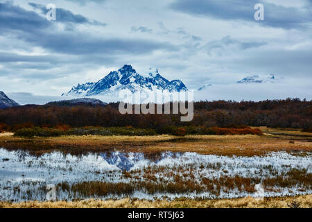 Chile, Torres del Paine Nationalpark, Lago Grey, Bergwelt im Nebel Stockfoto