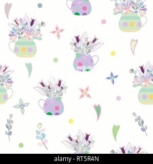 Blumenstrauß aus hellen colorlul Blumen in einer Vase und Herzen Polka Dot. nahtlose Muster Stock Vektor