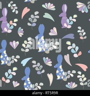 Nahtlose Muster von Kaninchen, Blätter und Blüten, farbigen Herzen Stock Vektor