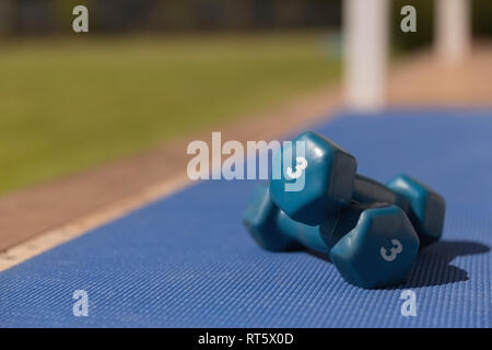 Hanteln gehalten auf der Trainingsmatte Stockfoto