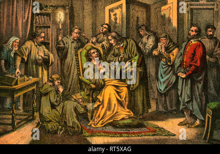 Der Tod von Martin Luther, farbige Abbildung (Künstler unbekannt), ab: 'Doktor Martin Luthers Leben, Thaten und Crack ..." (Doktor Martin Luthers Leben, Taten und Meinungen...), erzählt von Martin Rade (Paul Martin), herausgegeben von Hermann Oeser, neusalza ich. S., 1887., Additional-Rights - Clearance-Info - Not-Available Stockfoto