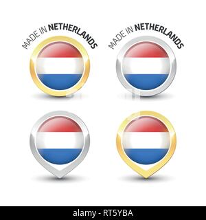 Hergestellt in den Niederlanden-Garantie Label mit der niederländischen Flagge und runde Gold und Silber Symbole. Stock Vektor