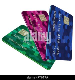 Realistische Zeichnung einer Kreditkarte. Elektronisches Geld. Drei Kreditkarten mit einem Chip. Vektor Stock Vektor