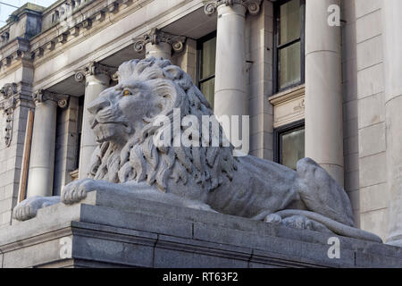 Afrikanischer Löwe Granit Statue außerhalb der Vancouver Art Gallery, früher das Old Court House Gebäude, Vancouver, BC, Kanada Stockfoto