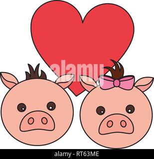 Nettes paar Schweine lieben Herzen Stock Vektor