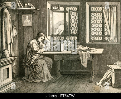 Martin Luther auf der Wartburg, Illustration (durch Trenkwald, gestochen von Werthmann gezeichnet) ab: 'Die Deutsche Geschichte in Bildern (Bilder der deutschen Geschichte), Text von Dr. F. Bülau, von C.C. veröffentlicht. Folk dancing und Söhne, Dresden, 1862., Additional-Rights - Clearance-Info - Not-Available Stockfoto