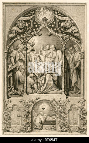 Der Tod von Martin Luther, Luther zwei Söhne, vor seinem Vater kniend, Dr. Justus Jonas sagt, letzte Worte, hinter ihnen Michael Cölius beten, Johannes Aurifaber mit einem Kandelaber, der Arzt Simon Wild mit Medizin und auf der rechten die Grafen Albrecht von Mansfeld zusammen mit seiner Frau. Das kleine Bild zeigt Lukas Fortenagel Malerei die Toten Luther., Additional-Rights - Clearance-Info - Not-Available Stockfoto