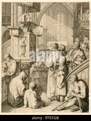 Martin Luther predigt, sehen Sie alle Teile einer evangelischen Kirche. Abbildung aus: 'Dr. Martin Luther deutscher Reformator", von Gustav König, von Rudolf Besser, Gotha, 1850 th illustriert., Additional-Rights - Clearance-Info - Not-Available Stockfoto