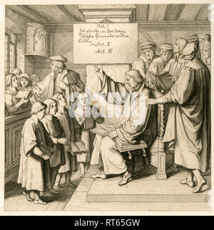 Martin Luther in der Schule mit vielen Kindern, weil die Religion Unterricht sehr für ihn wichtig sind, auf der rechten Seite einige Lehrer. Abbildung aus: 'Dr. Martin Luther deutscher Reformator", von Gustav König, von Rudolf Besser, Gotha, 1850 th illustriert., Additional-Rights - Clearance-Info - Not-Available Stockfoto