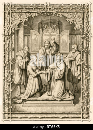 Die Hochzeit Martin Luther und Katharina von Bora in Wittenberg, 1525, Bugenhagen gibt seinen Segen, Es gibt auch der Jurist Apel und Lucas Kranach. Abbildung aus: 'Dr. Martin Luther deutscher Reformator", von Gustav König, von Rudolf Besser, Gotha, 1850 th illustriert., Additional-Rights - Clearance-Info - Not-Available Stockfoto