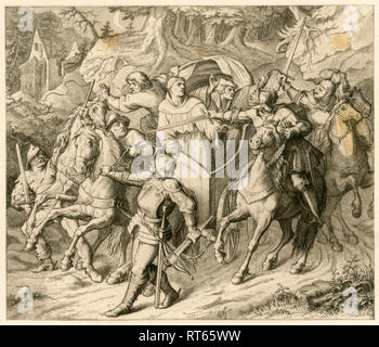 Die Entführung von Martin Luther auf seiner Rückreise/1521/durch Hauptmann von Berlepsch und Burkhard Hund, weil es der Stier mit der Exkommunikation des Papstes und der outlawry des Kaisers war. Abbildung aus: 'Dr. Martin Luther deutscher Reformator", von Gustav König, von Rudolf Besser, Gotha, 1850 th illustriert., Additional-Rights - Clearance-Info - Not-Available Stockfoto