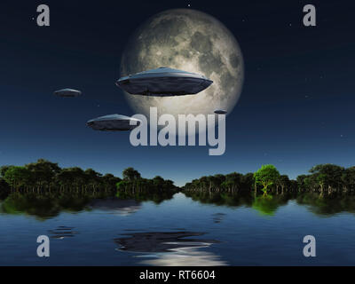 Raumschiffe fliegt über der Wasseroberfläche. Vollmond am Himmel. 3D-Rendering Stockfoto