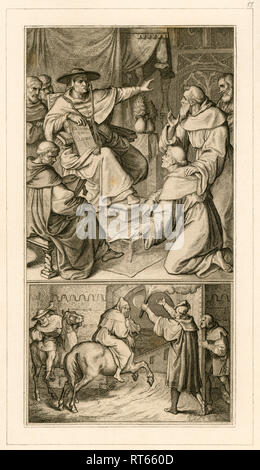 Martin Luther im Gespräch mit Kardinal Cajetan, Luther hat seine Schriften zu widerrufen, neben ihm sein Freund Staupitz. Bild unten: Luther und Augsburg in der Nacht ist, weil es für ihn gefährlich werden könnte. Illustrationen aus: 'Dr. Martin Luther deutscher Reformator", Illustrationen von Gustav König, von Rudolf Besser, Gotha, 1850 Th., Additional-Rights - Clearance-Info - Not-Available Stockfoto