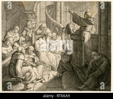 Martin Luther Predigt im Kloster, infront von Staupitz, sein väterlicher Freund. Abbildung aus: 'Dr. Martin Luther deutscher Reformator", von Gustav König, von Rudolf Besser, Gotha, 1850 th illustriert., Additional-Rights - Clearance-Info - Not-Available Stockfoto