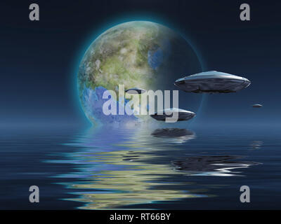 Raumschiffe fliegt über den Ozean. Terraformed Mond am Horizont. Stockfoto