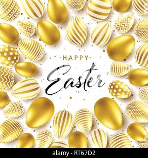 Ostern Hintergrund mit realistischen goldene Eier. Feder Ostereiersuche. Happy Holiday Grußkarte mit Text, Schrift, Kalligraphie. Bunte Jahreszeit banner Stock Vektor