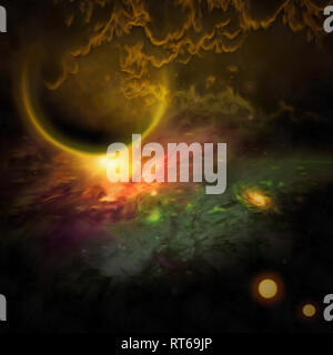 Surreale Malerei. Sonne hinter dem Planeten. Galaxien in lebendigen Universum. Stockfoto