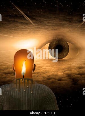 Mann mit brennenden Augen in surrealen Wolke erfüllte Raum mit riesigen Augen. Stockfoto