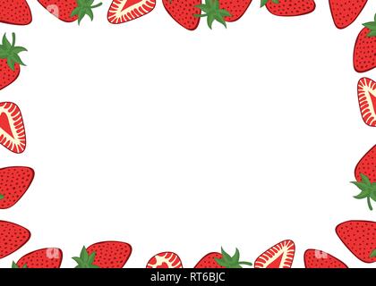 Erdbeere Obst Hintergrund. Erdbeeren im Rahmen um einen schwarzen Raum für einen Text, Logos oder Designs. Blick von oben. Vector Illustration. Stock Vektor