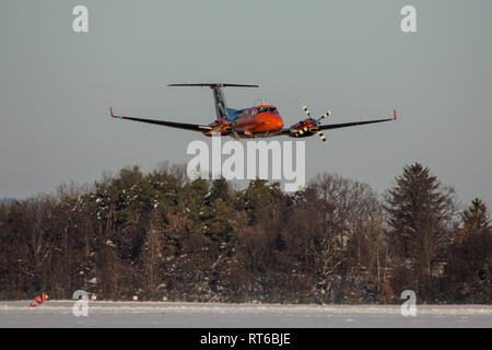 Beechcraft Modell 300 utility Flugzeuge über einem Baum in Deutschland fliegen. Stockfoto