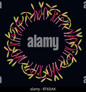 Microgreens Zuckerrüben. In einem Kreis angeordnet. Vitamin Supplement, veganes Essen. Schwarzer Hintergrund Stock Vektor