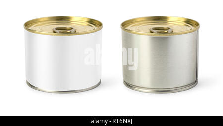 Gold Metall Zinn kann mit Papier label Freistellungspfad Stockfoto