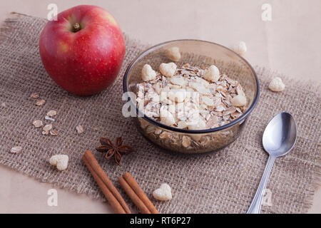 Gesundes Essen. Müsli in eine Schüssel auf einem hellen Hintergrund mit einem roten Apfel. Frühstücksbrei auf Leinen Hintergrund. Stockfoto