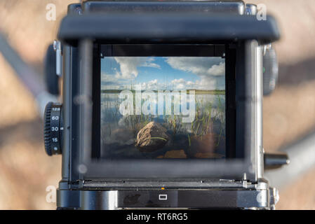 Blick durch den Sucher von Mamiya RZ 67 Medium format Film Kamera. Stockfoto